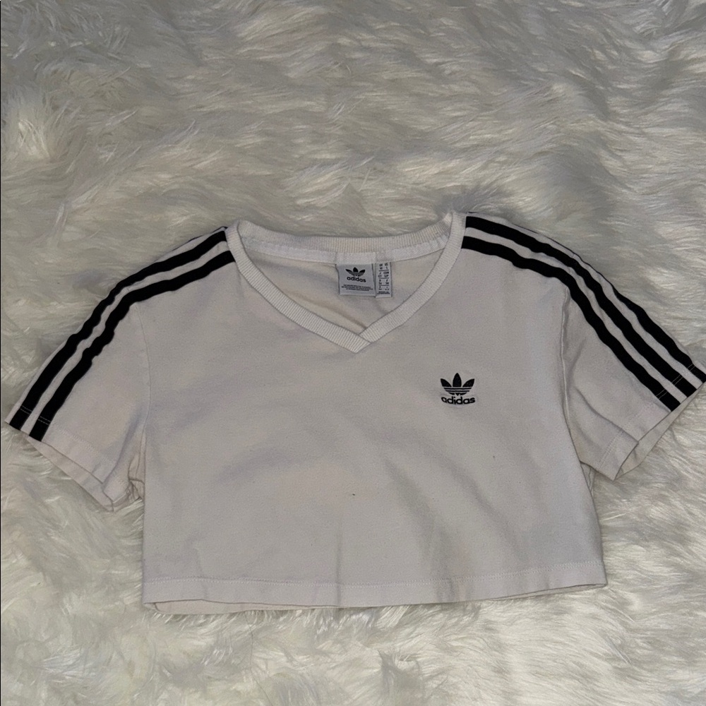 Adidas White V-Neck Tee with Black Stripes